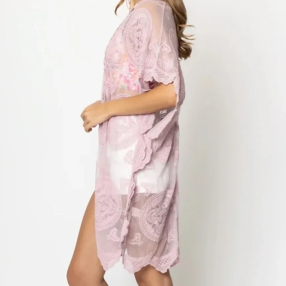 33. Women’s Lace Kimono Blue Tie Front Long Swim Cover Loungewear - Picture 3 of 3